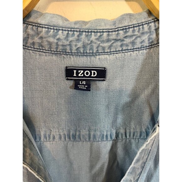 Izod Lyocell Chambray Denim Sleeveless V-Neck Dress Tie Waist Womens Large - Picture 8 of 9